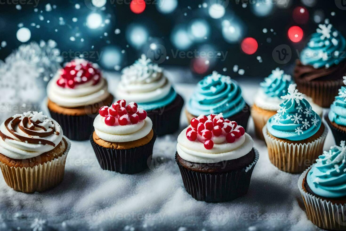 AI generated a collection of cupcakes on a snowy background photo