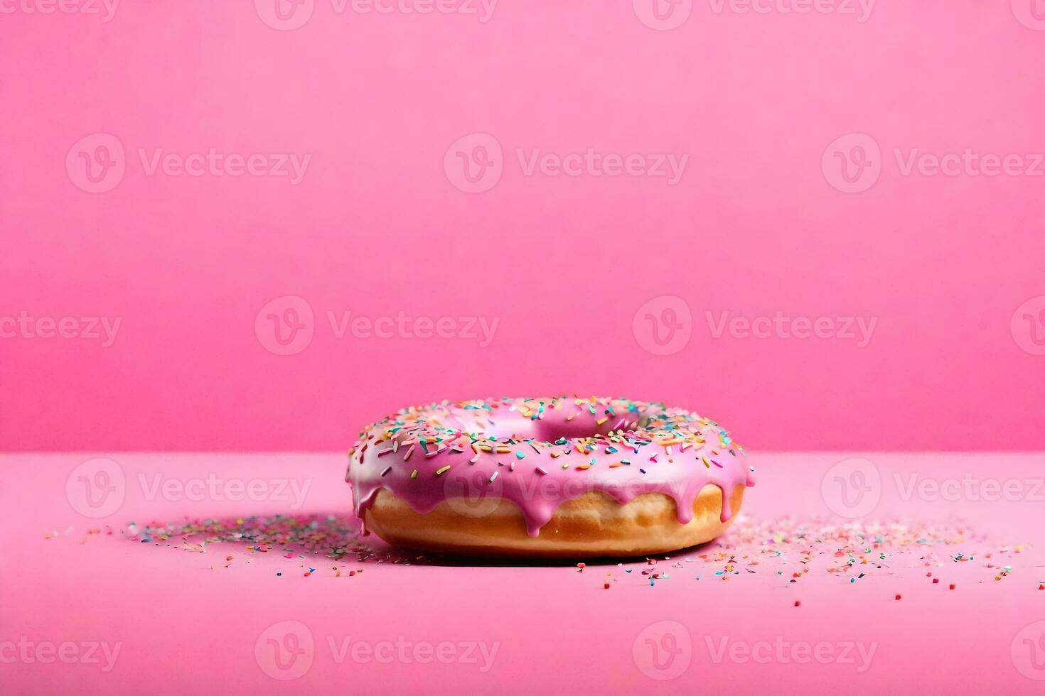 AI generated a pink donut with sprinkles on a pink background photo