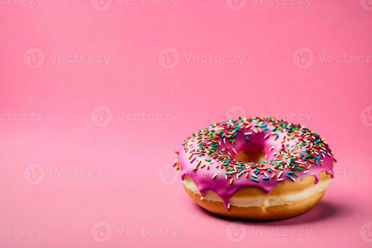 AI generated a donut with pink icing and sprinkles on a pink background photo