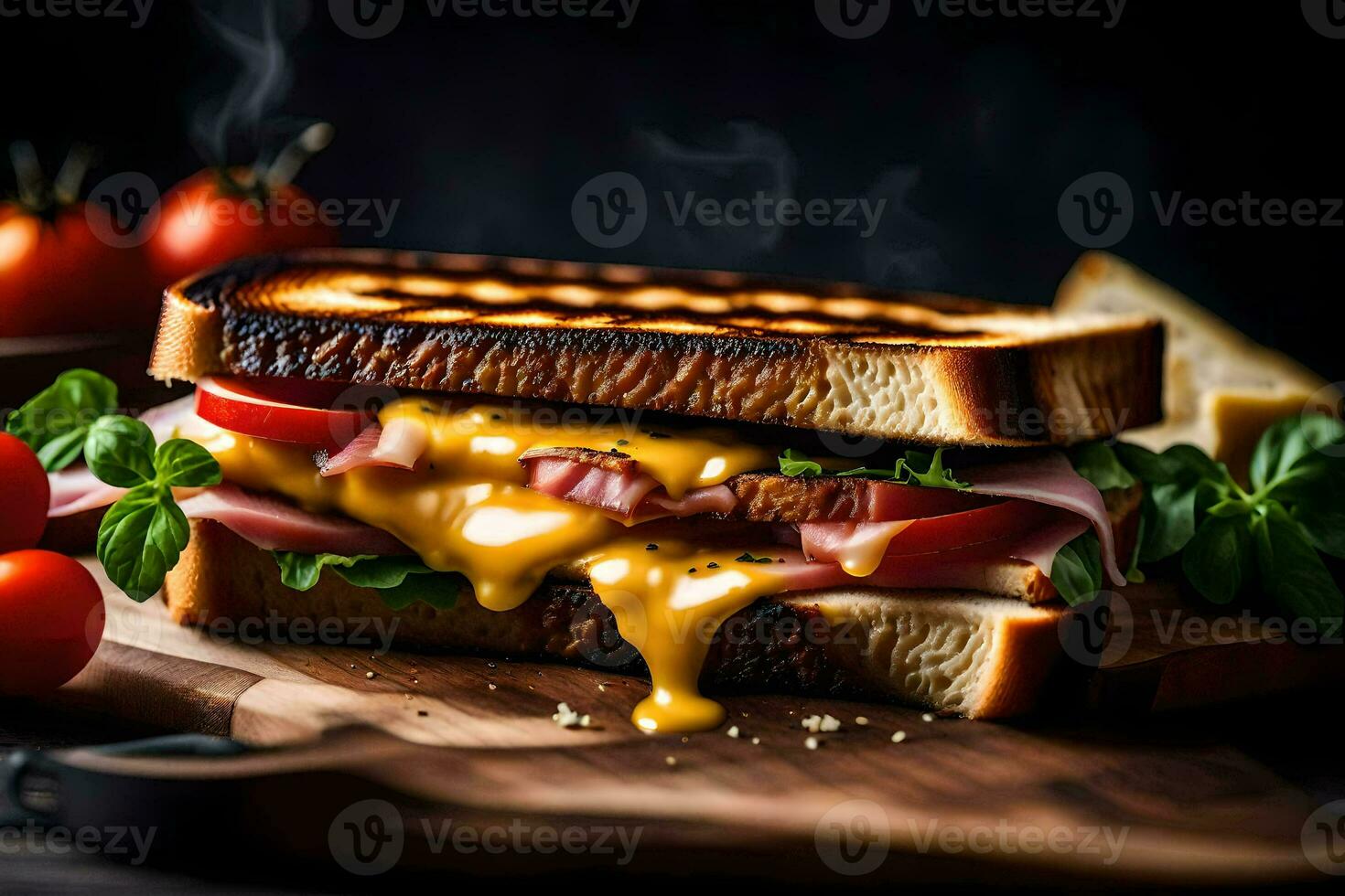 AI generated a grilled sandwich with cheese and ham on a wooden cutting board photo