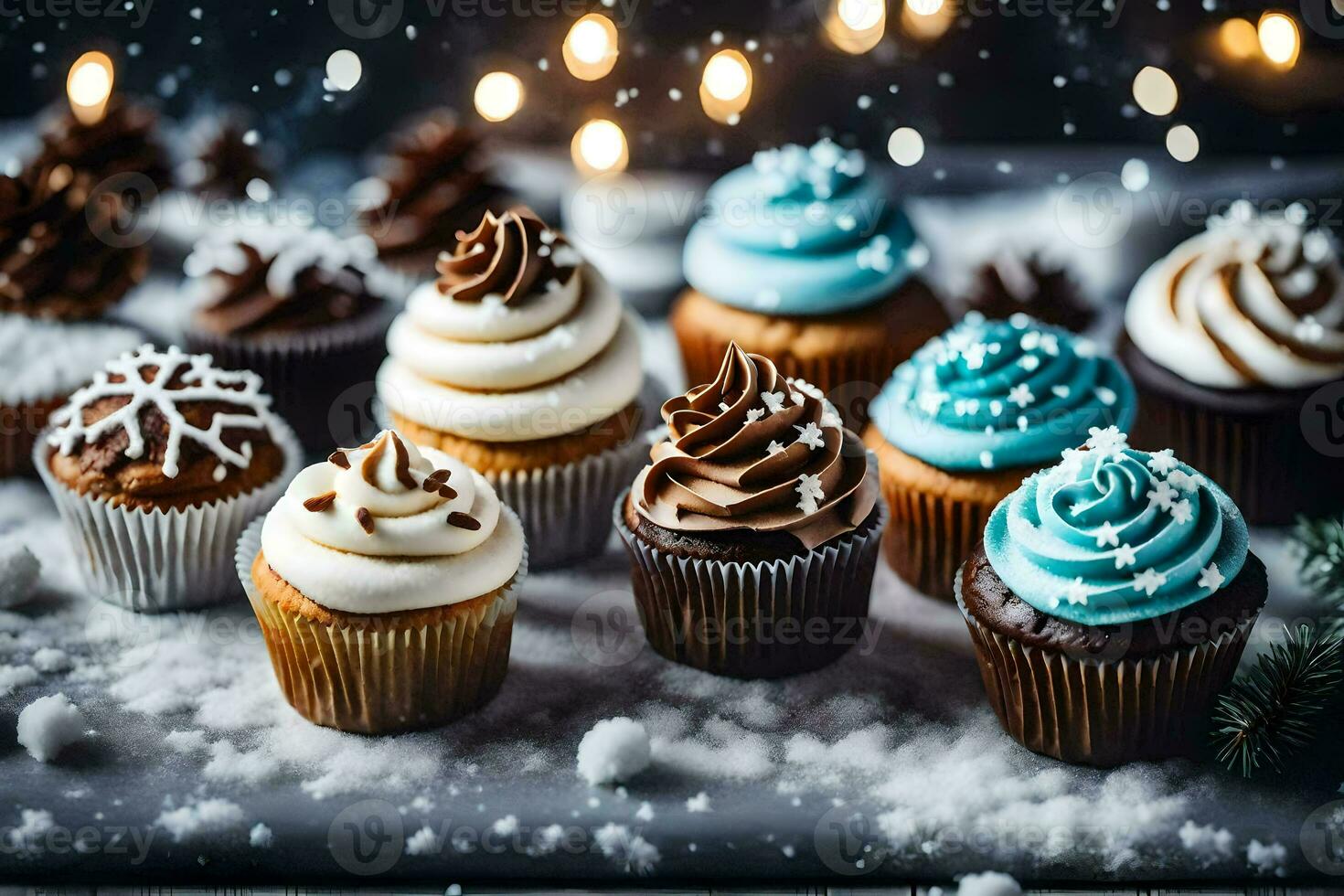 AI generated a collection of cupcakes on a snowy table photo