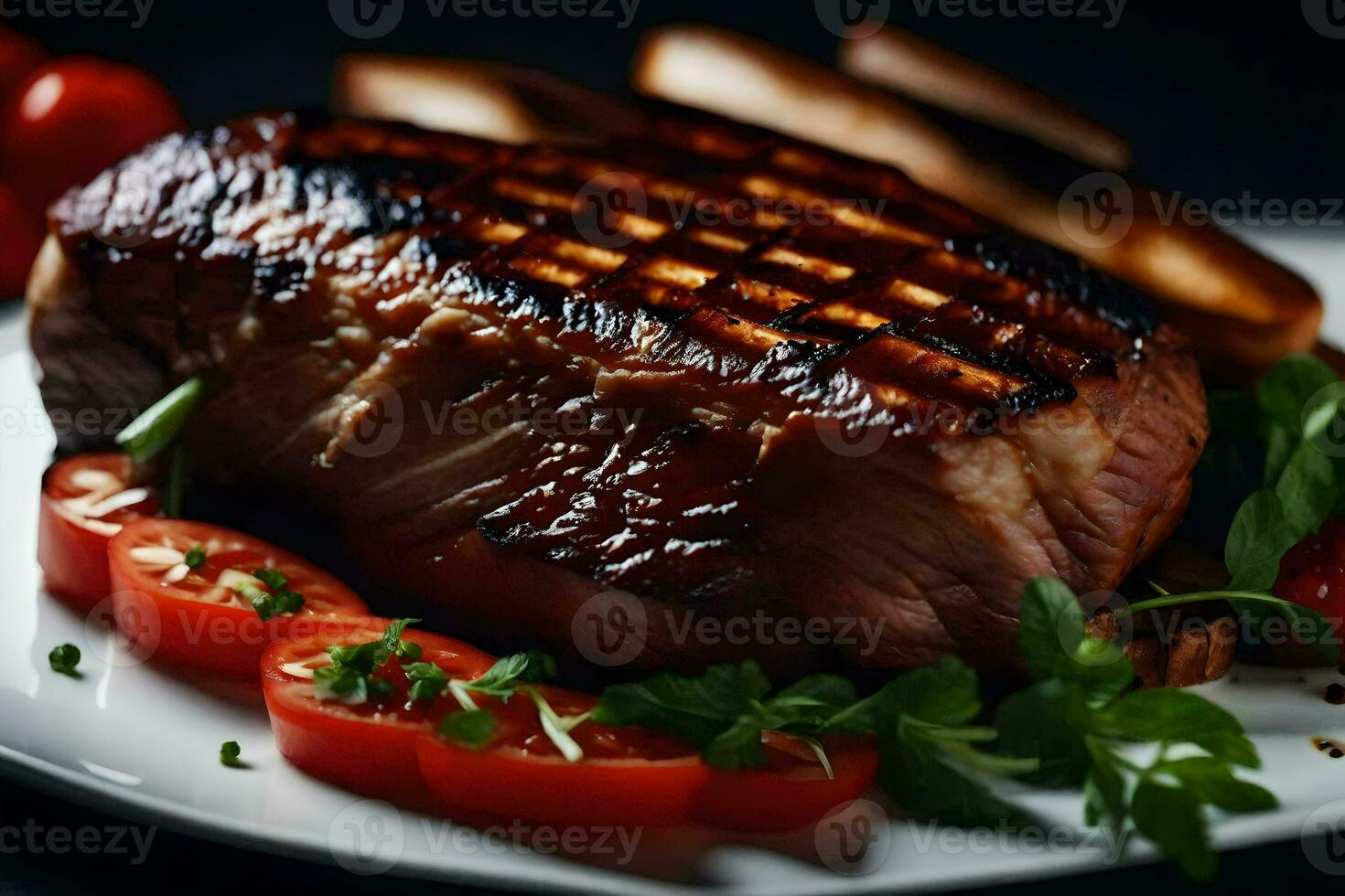 AI generated grilled pork on a plate with tomatoes and bread photo