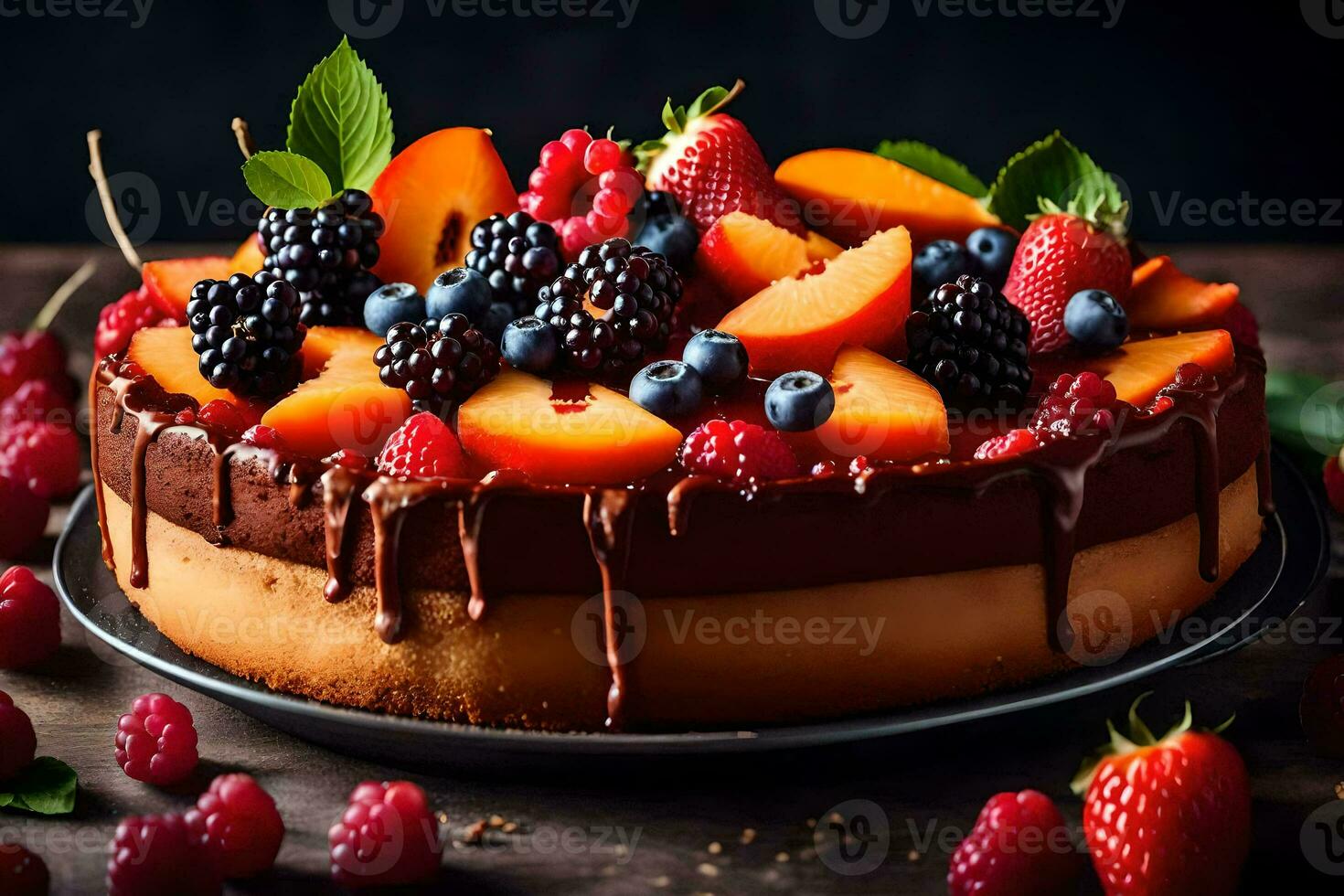 AI generated a cake with berries and chocolate drizzle photo