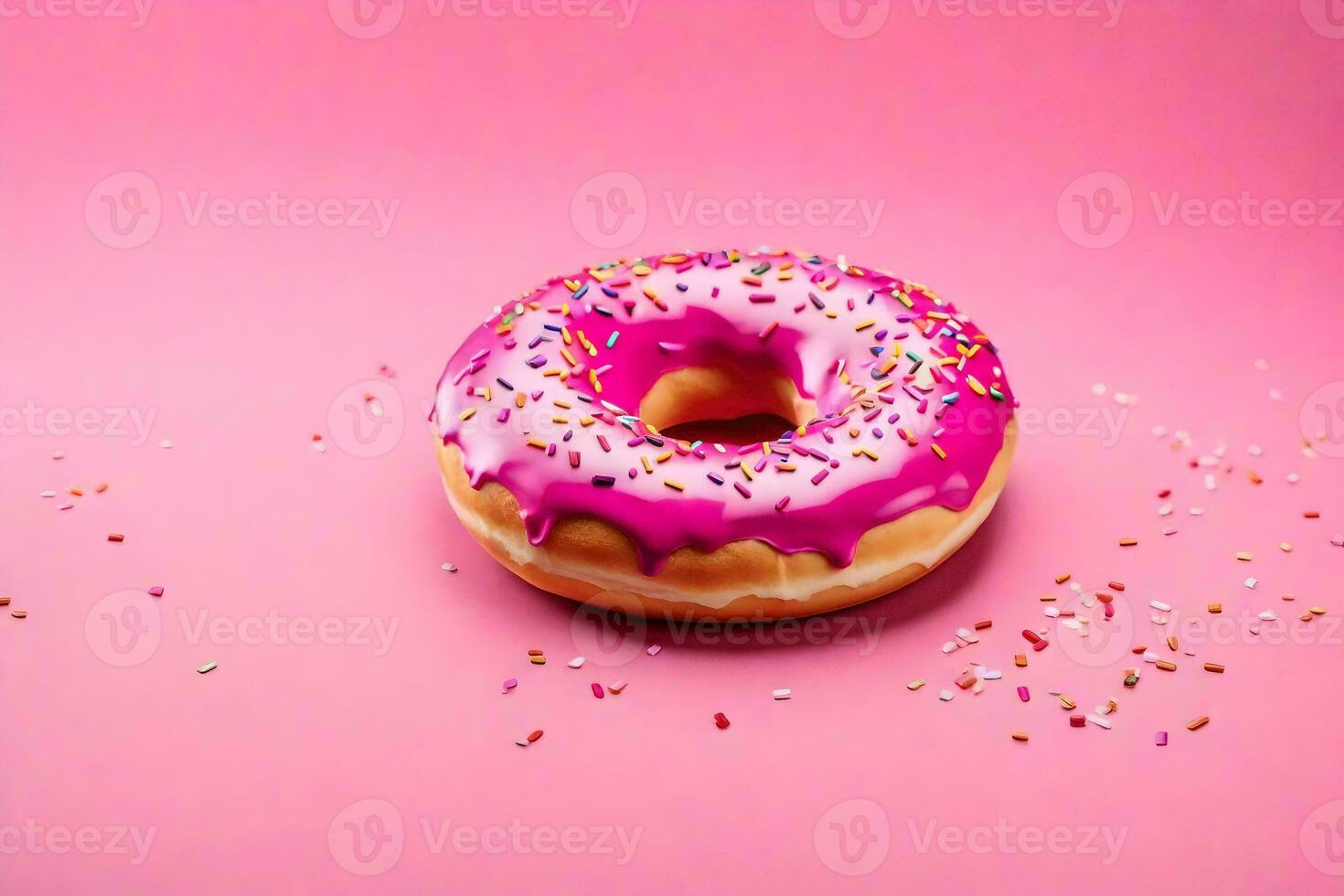 AI generated a donut with pink icing and sprinkles on a pink background photo