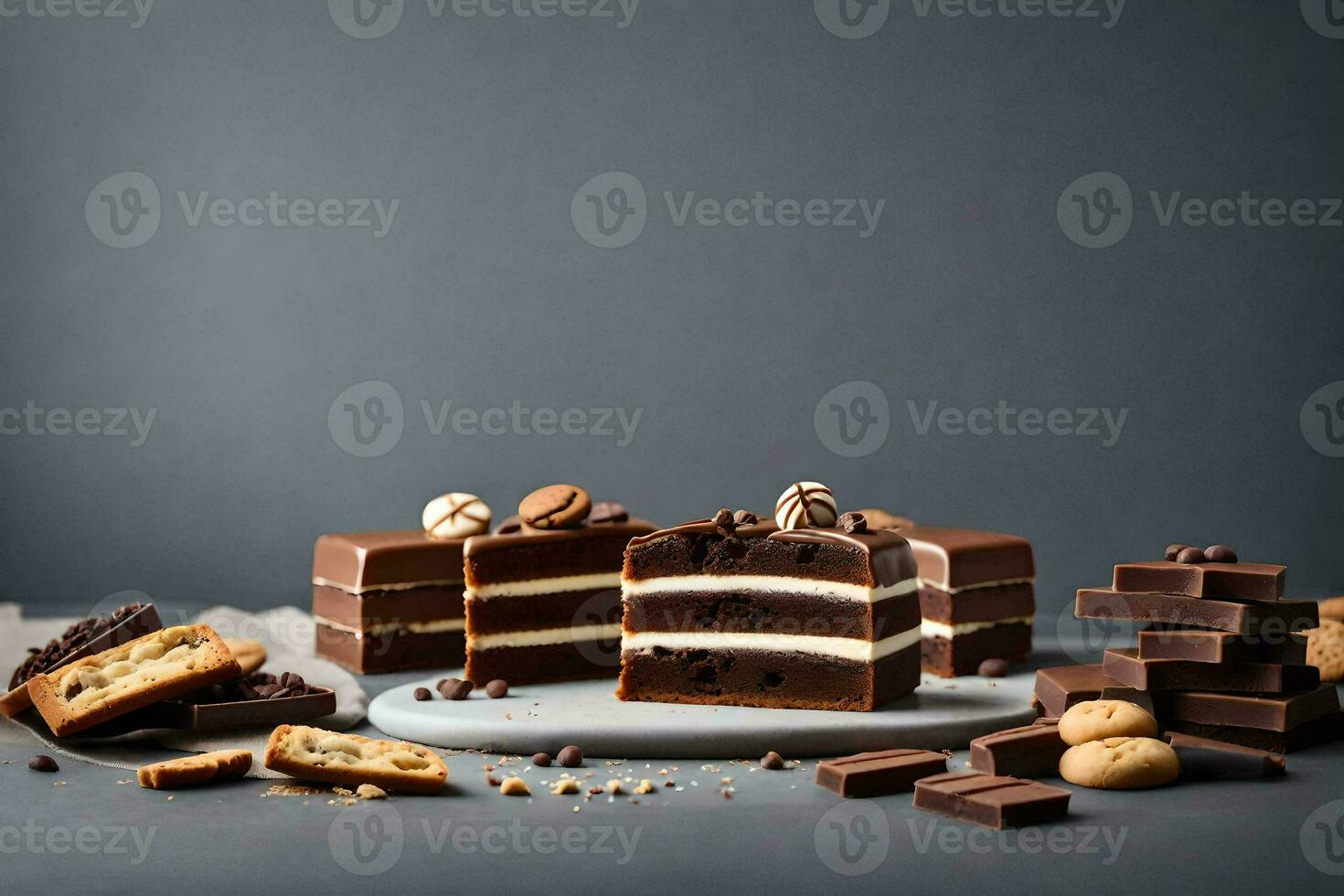 AI generated chocolate cake with cookies and cream on a dark background photo