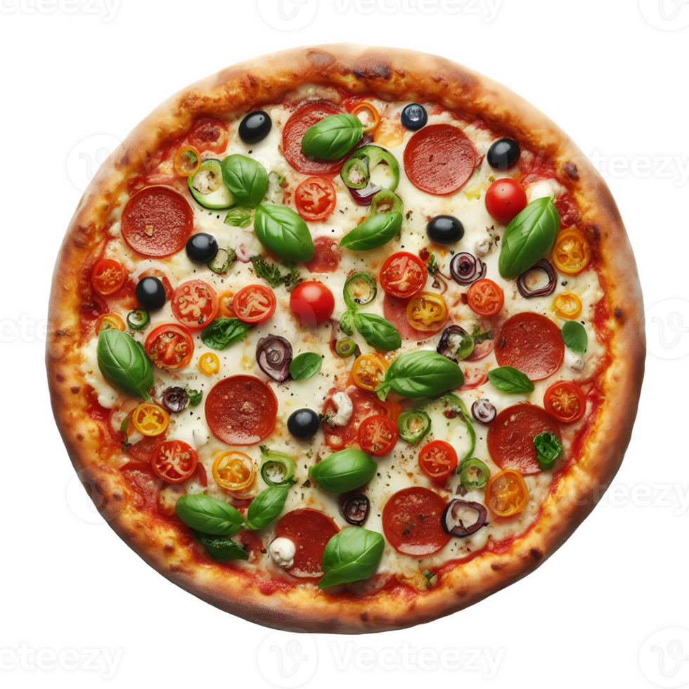 AI generated Isolated Flat circle of pizza loaded with toppings. Transparent Background, PNG Format, Generative AI