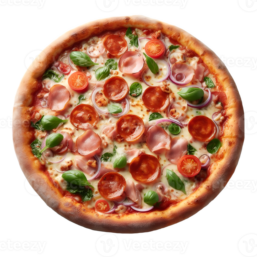 AI generated Isolated Disk-shaped pizza garnished with toppings. Transparent Background, PNG Format, Generative AI