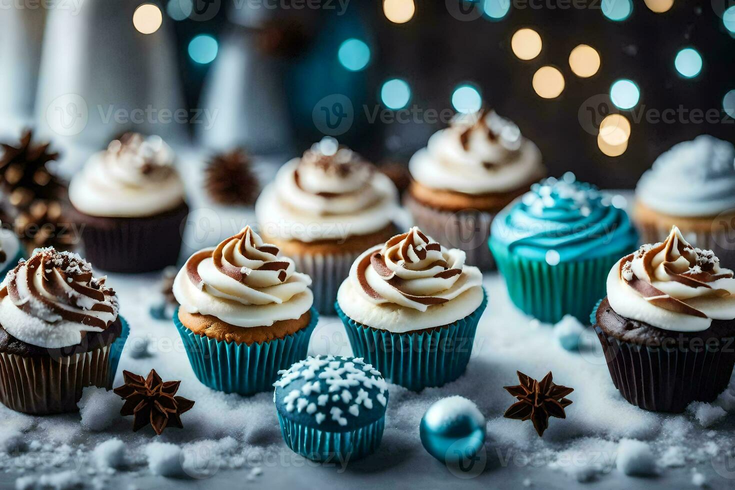 AI generated a collection of cupcakes on a snowy table photo