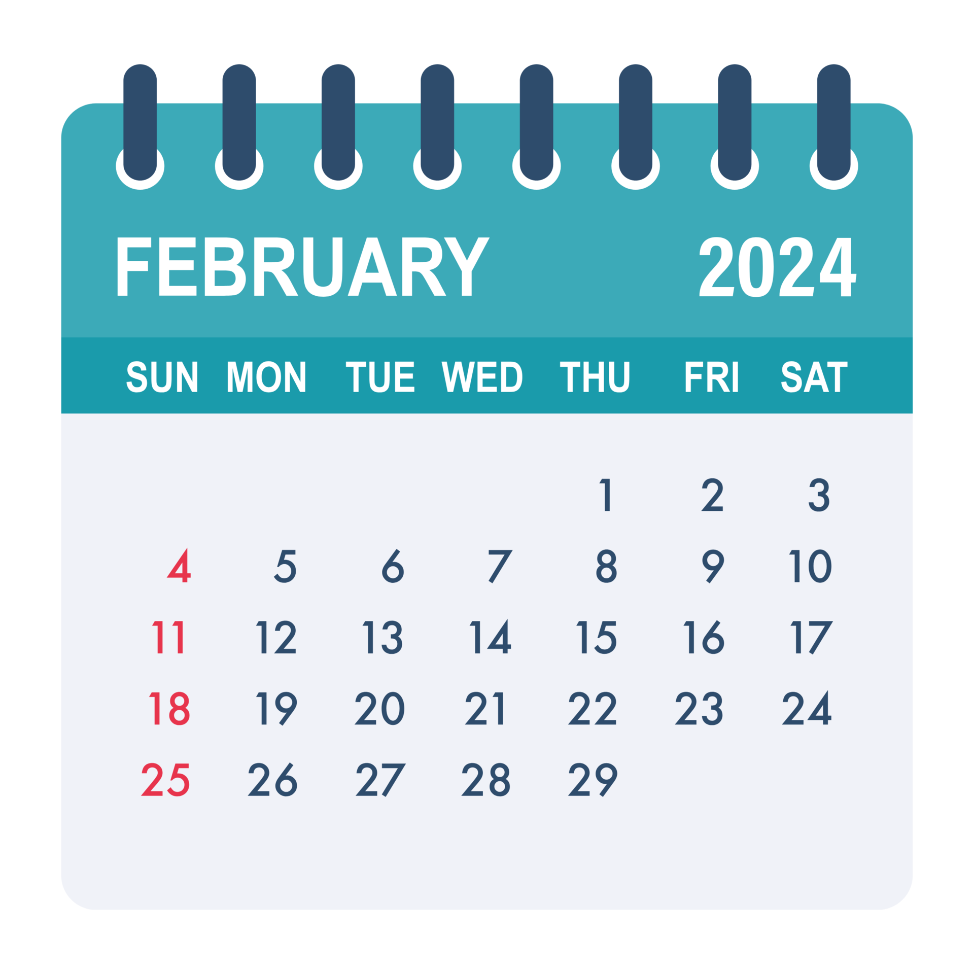 februari 2024 kalender blad. kalender 2024 i platt stil. en gång i