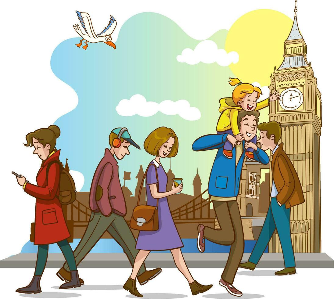 vector illustration of english people walking on the street