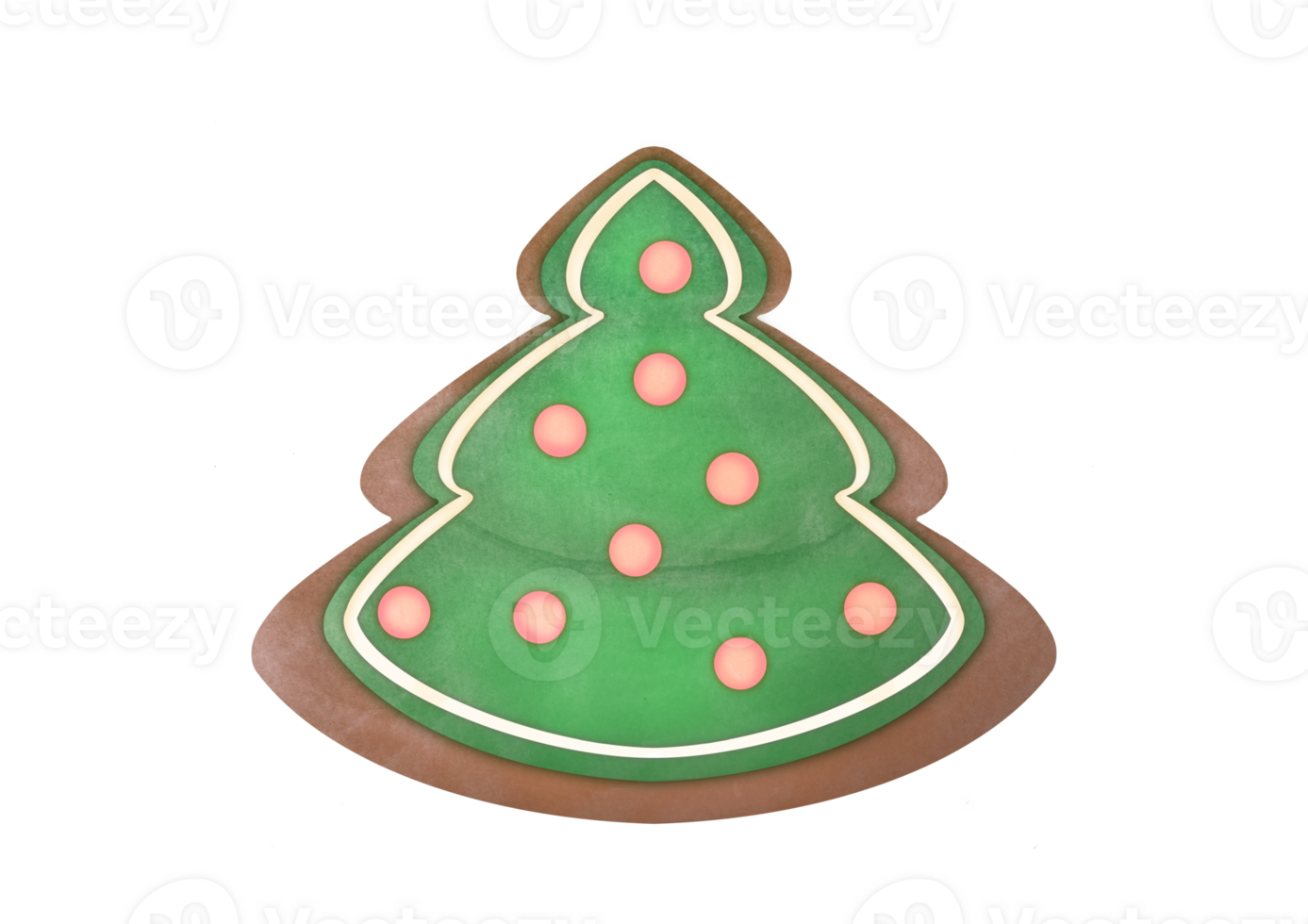 watercolor Christmas tree with garland ribbon on transparent background. Ginger cookies with green icing in shape of Christmas tree. Coniferous tree green New Year. pine-tree clipart cut out sticker png