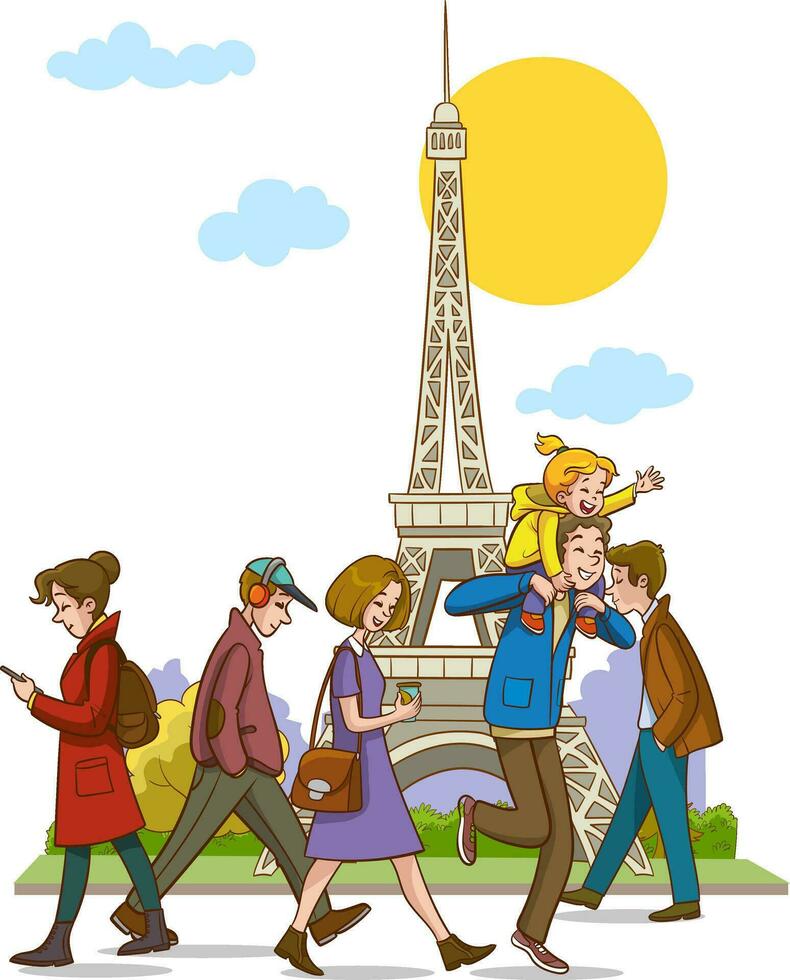 vector illustration of french people walking in the street