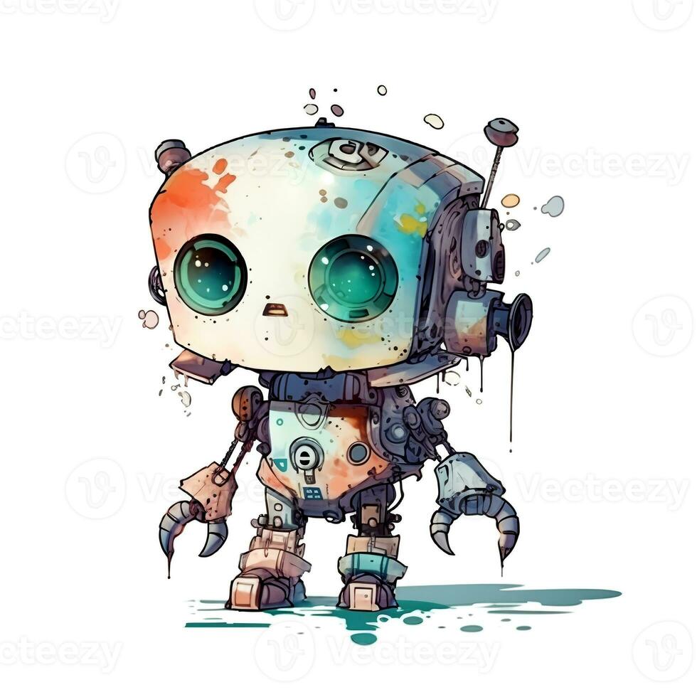 AI generated Cute Watercolor Robot. Funny cyborg. Steampunk Robot. AI generated. photo