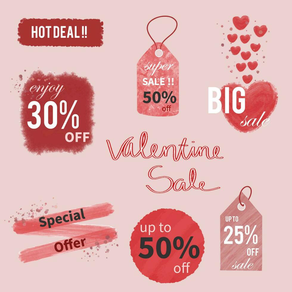 Valentine Sale Banner Set Isolated sale banner price Tag Discount Suitable for Sale Promotion Watercolor Style vector