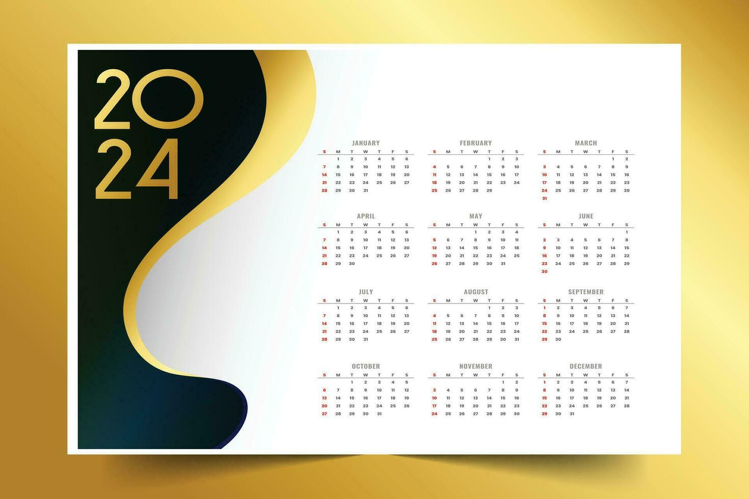 prima 2024 lleno página calendario modelo con dorado toque vector