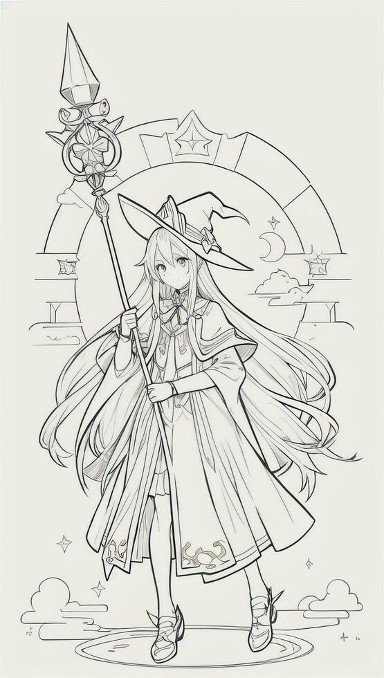 AI generated Anime Wizard Girl Line Art Drawing Sketch Black and White Simple Background photo