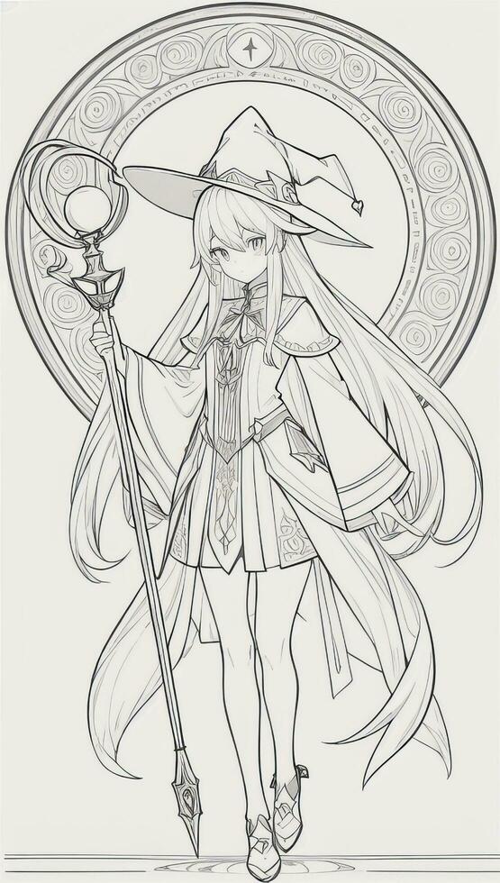 AI generated Anime Wizard Girl Line Art Drawing Sketch Black and White Simple Background photo