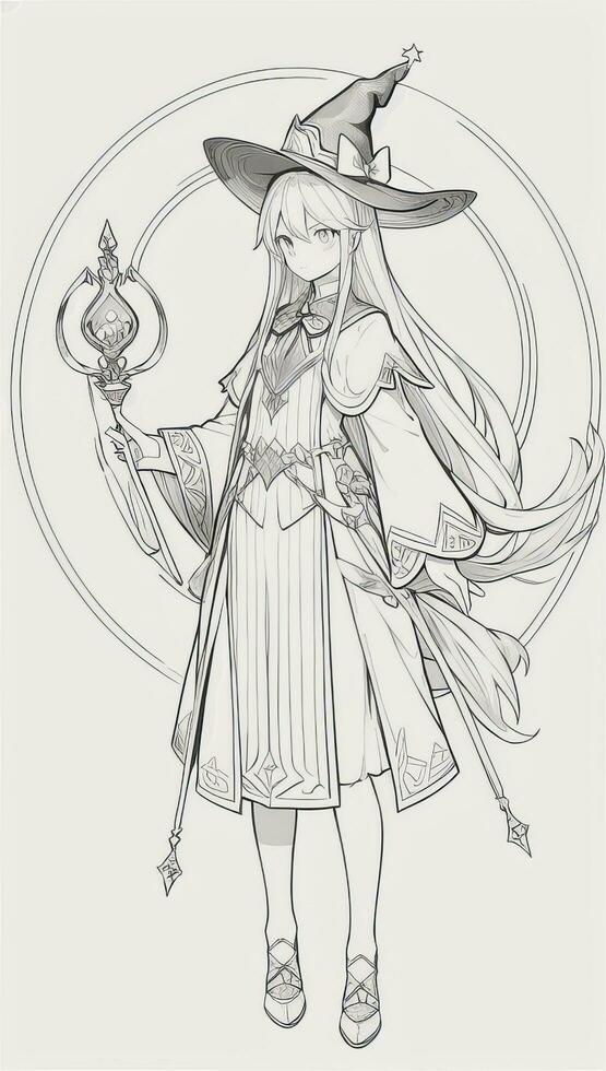 AI generated Anime Wizard Girl Line Art Drawing Sketch Black and White Simple Background photo