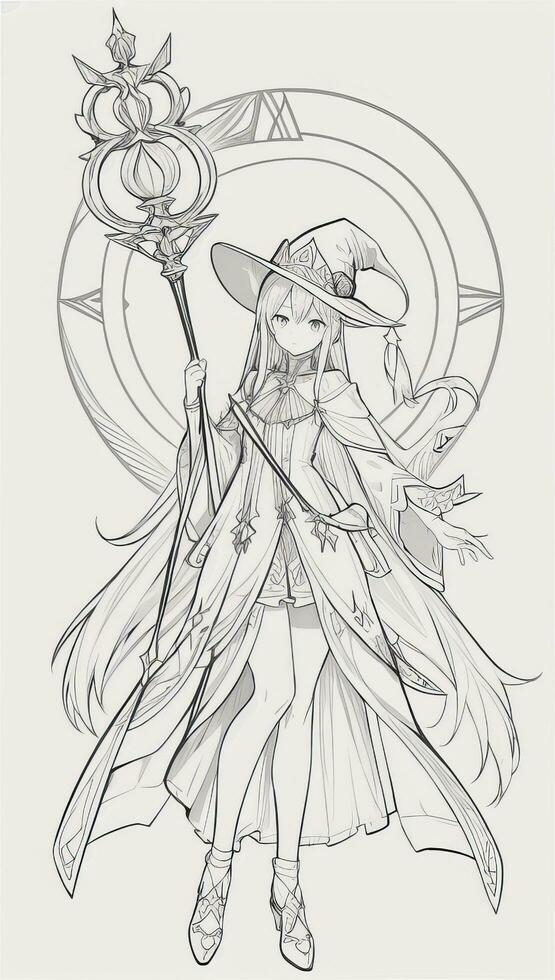 AI generated Anime Wizard Girl Line Art Drawing Sketch Black and White Simple Background photo