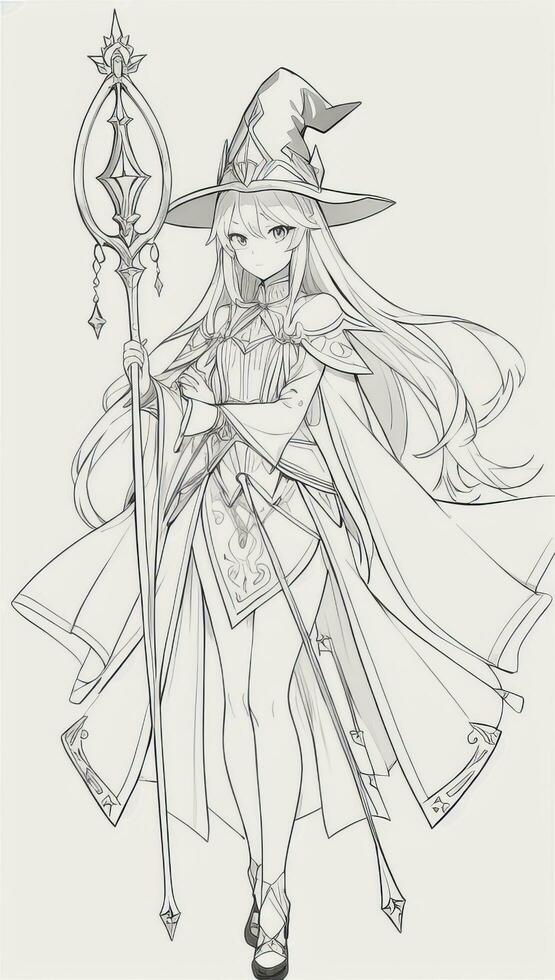 AI generated Anime Wizard Girl Line Art Drawing Sketch Black and White Simple Background photo