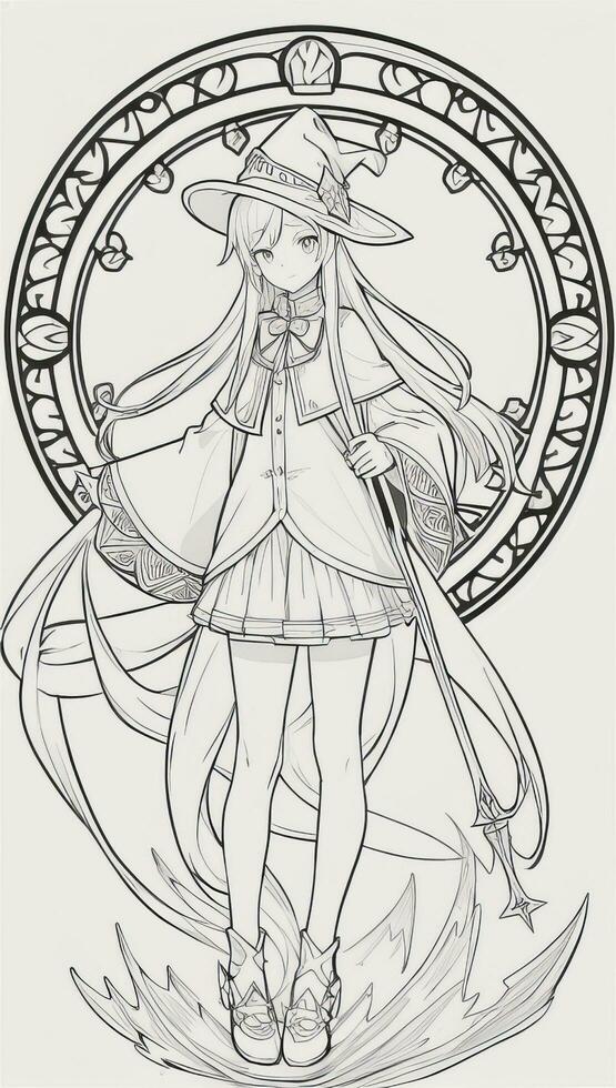AI generated Anime Wizard Girl Line Art Drawing Sketch Black and White Simple Background photo