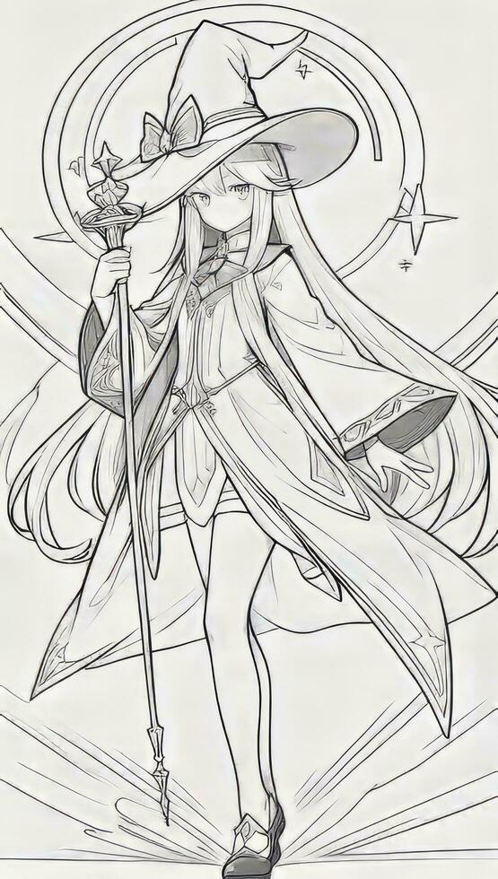 AI generated Anime Wizard Girl Line Art Drawing Sketch Black and White Simple Background photo