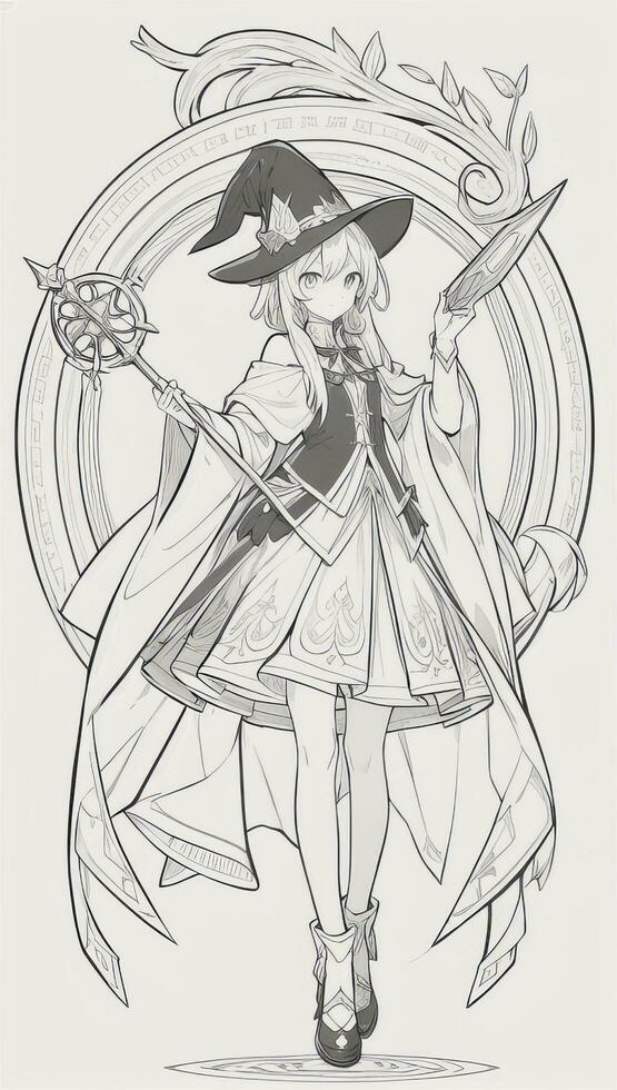 AI generated Anime Wizard Girl Line Art Drawing Sketch Black and White Simple Background photo