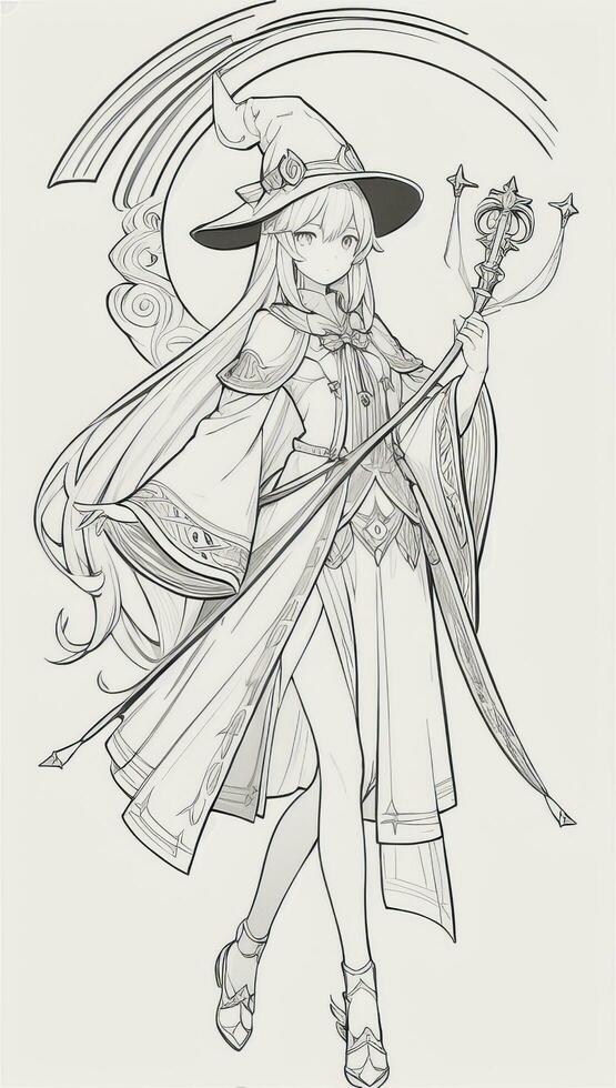 AI generated Anime Wizard Girl Line Art Drawing Sketch Black and White Simple Background photo