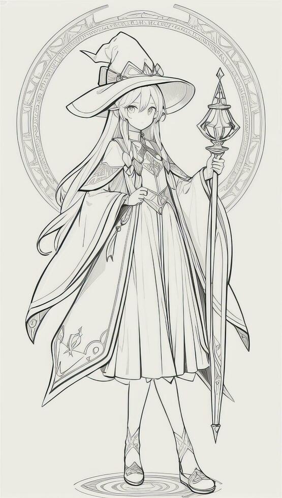 AI generated Anime Wizard Girl Line Art Drawing Sketch Black and White Simple Background photo