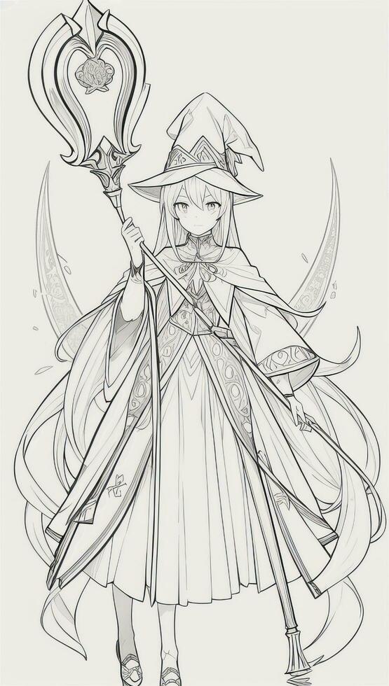 AI generated Anime Wizard Girl Line Art Drawing Sketch Black and White Simple Background photo
