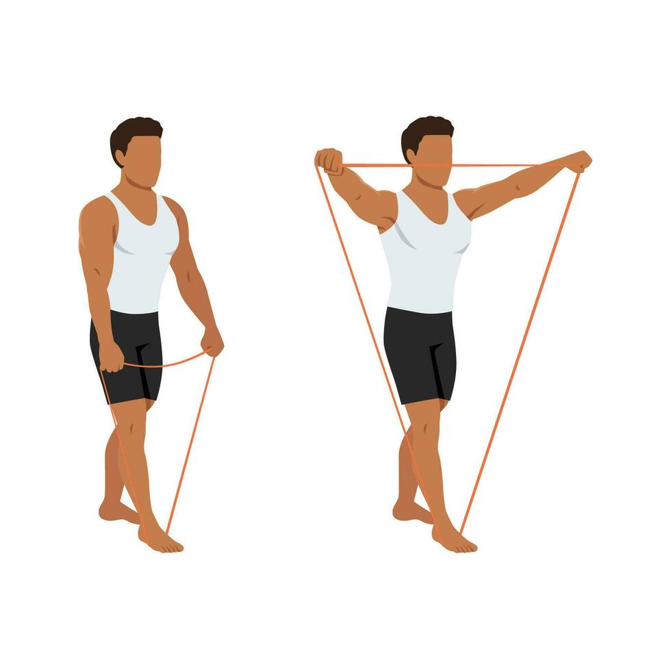 Man doing lateral raises with resistance band exercise. vector