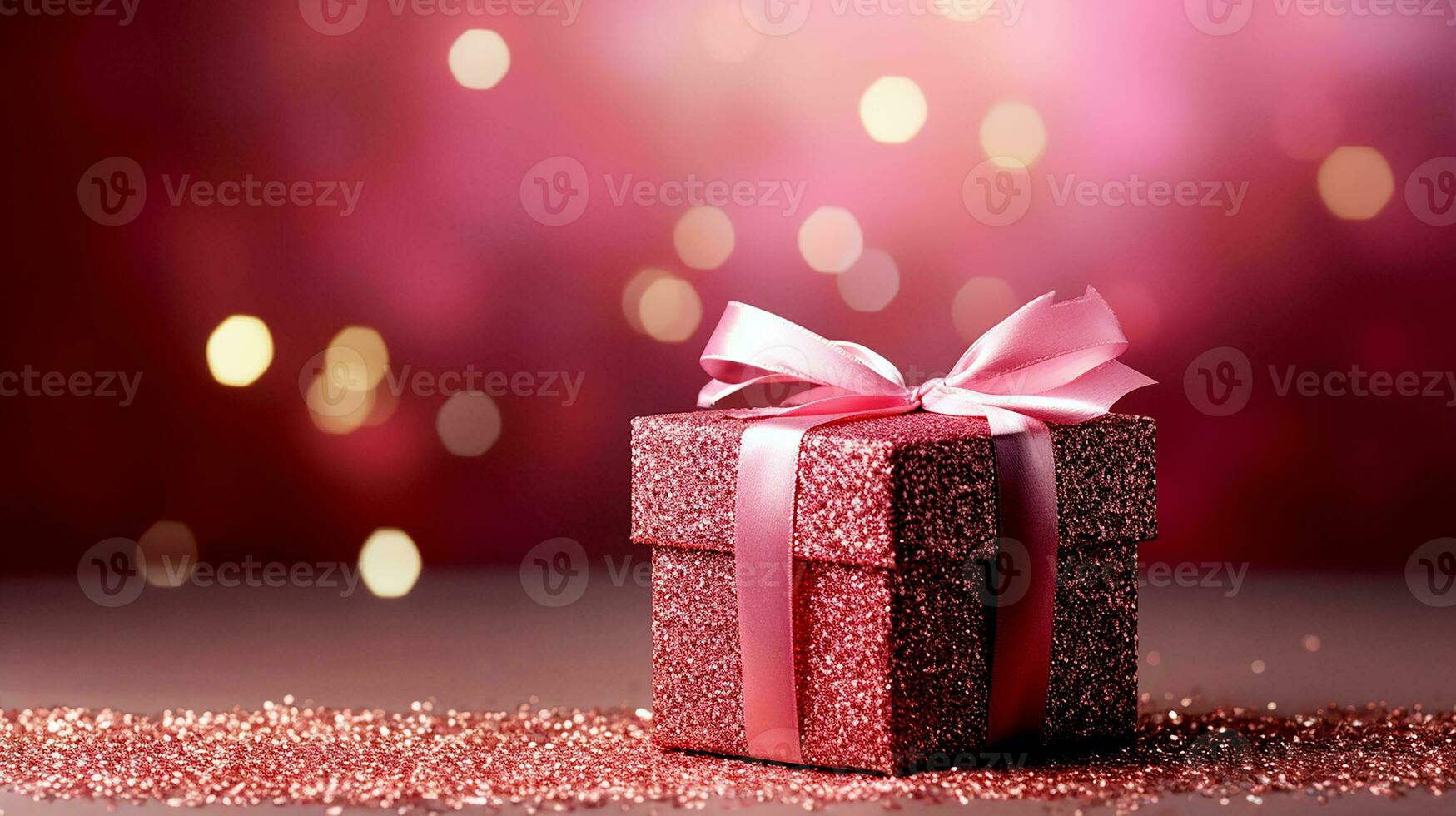 AI generated Gift box with ribbon on the abstract shiny glitter background and defocused bokeh lights. For valentine greeting, romantic wallpaper concept. Generative AI photo