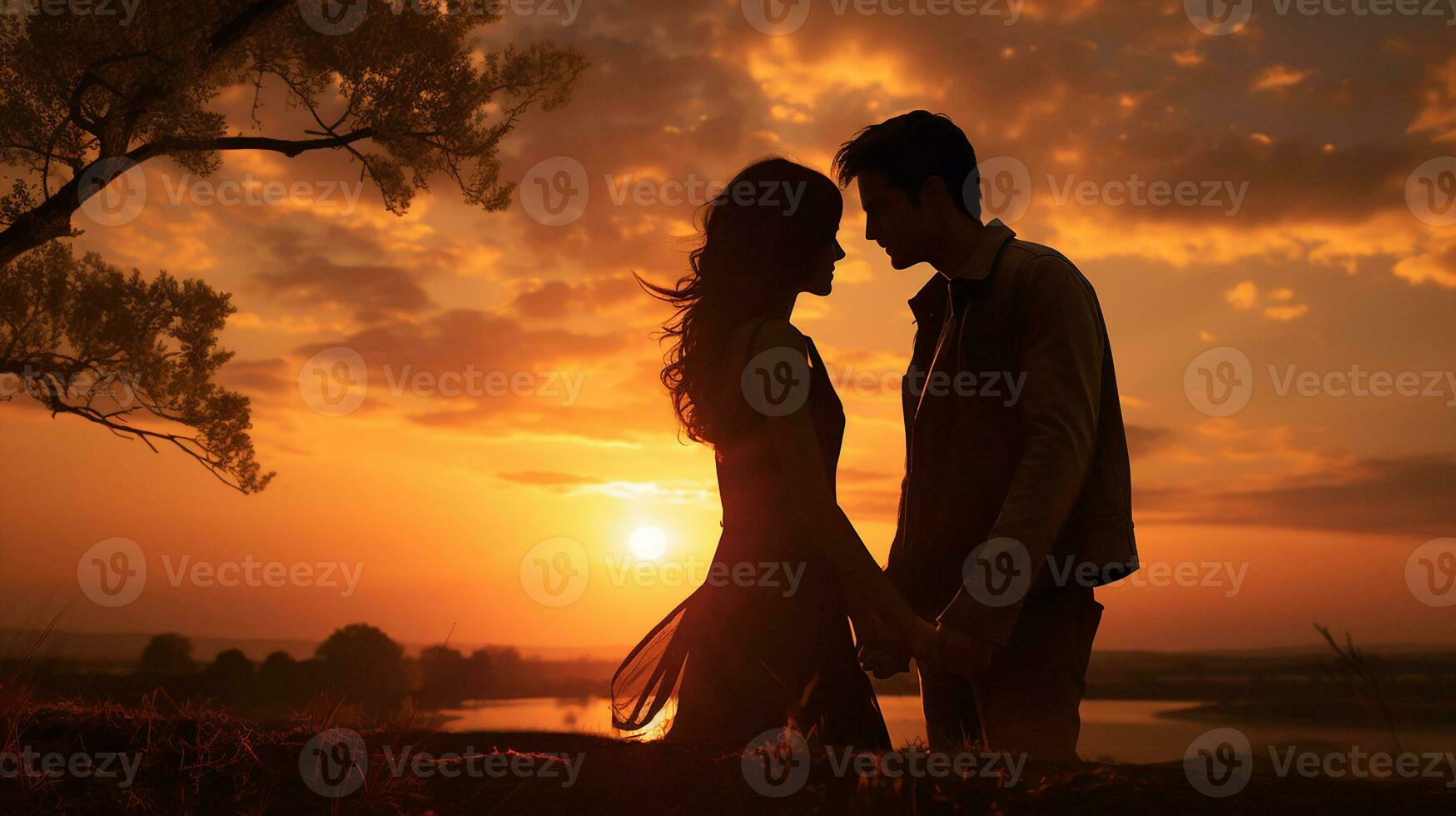 ai generado silueta de un Pareja en el puesta de sol. Pareja de joven personas disfrutando el belleza de el tarde Dom. para enamorado saludo, romántico fondo de pantalla concepto. generativo ai foto