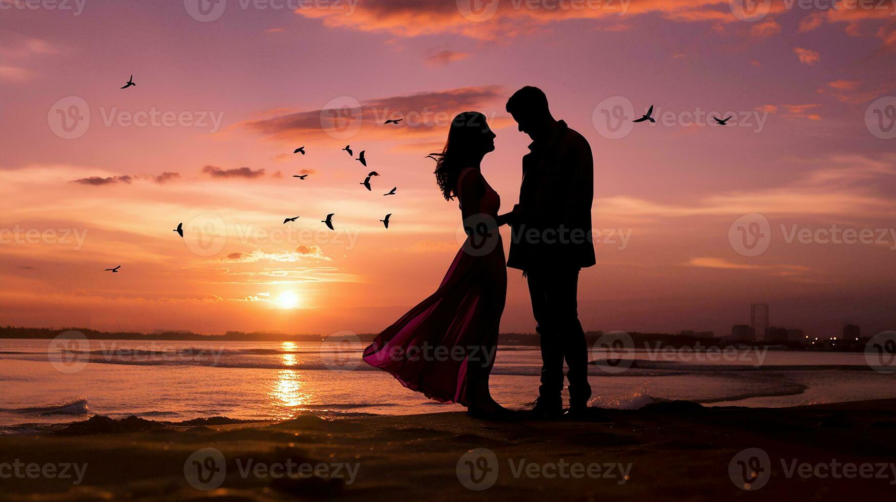 ai generado silueta de un Pareja en el puesta de sol. Pareja de joven personas disfrutando el belleza de el tarde Dom. para enamorado saludo, romántico fondo de pantalla concepto. generativo ai foto