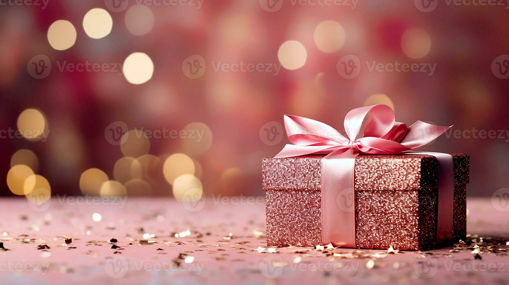 AI generated Gift box with ribbon on the abstract shiny glitter background and defocused bokeh lights. For valentine greeting, romantic wallpaper concept. Generative AI photo
