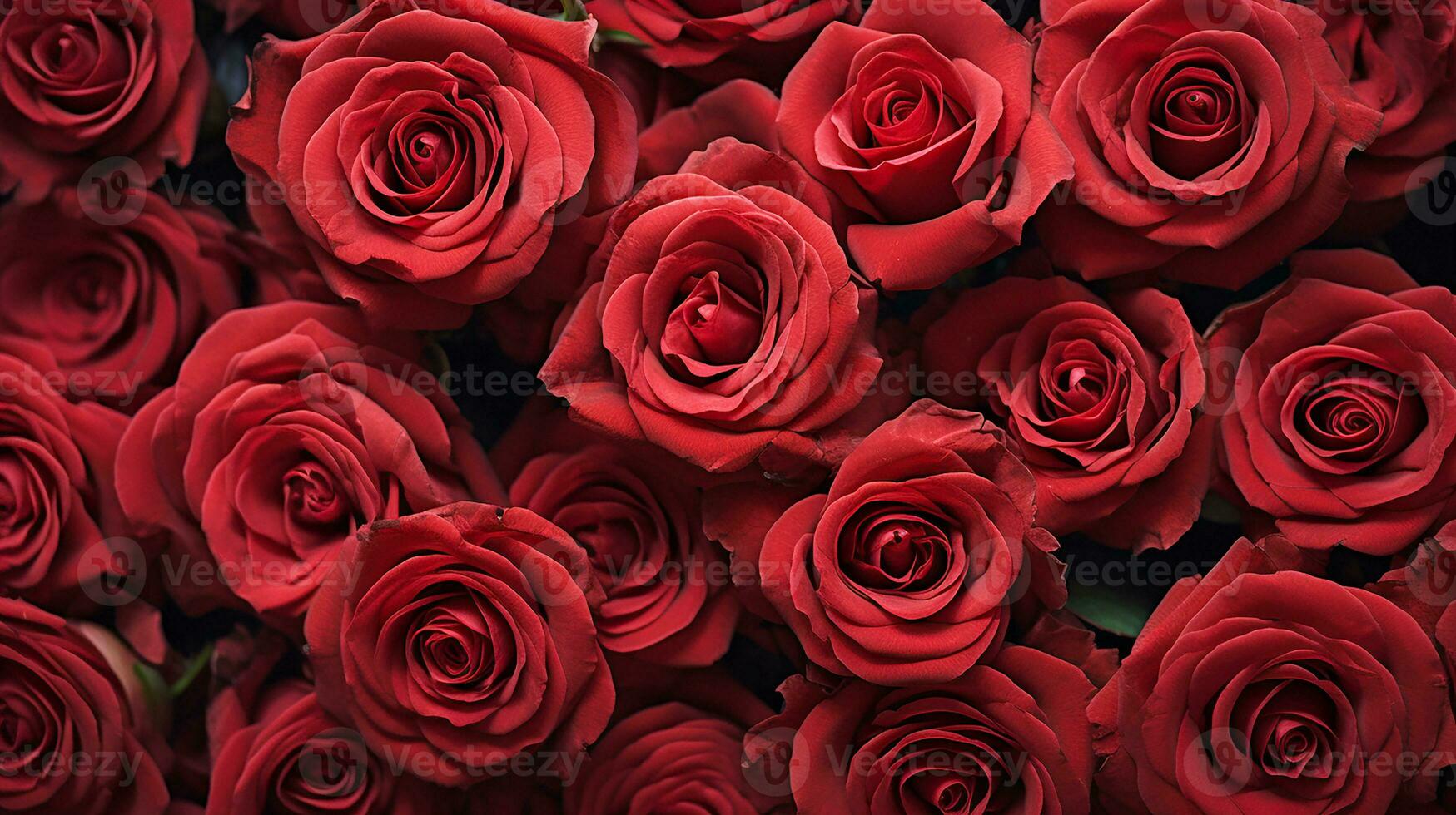AI generated Top angle view of red roses flowers pattern. Group of natural red roses background. For valentine greeting, romantic wallpaper concept. Generative AI photo