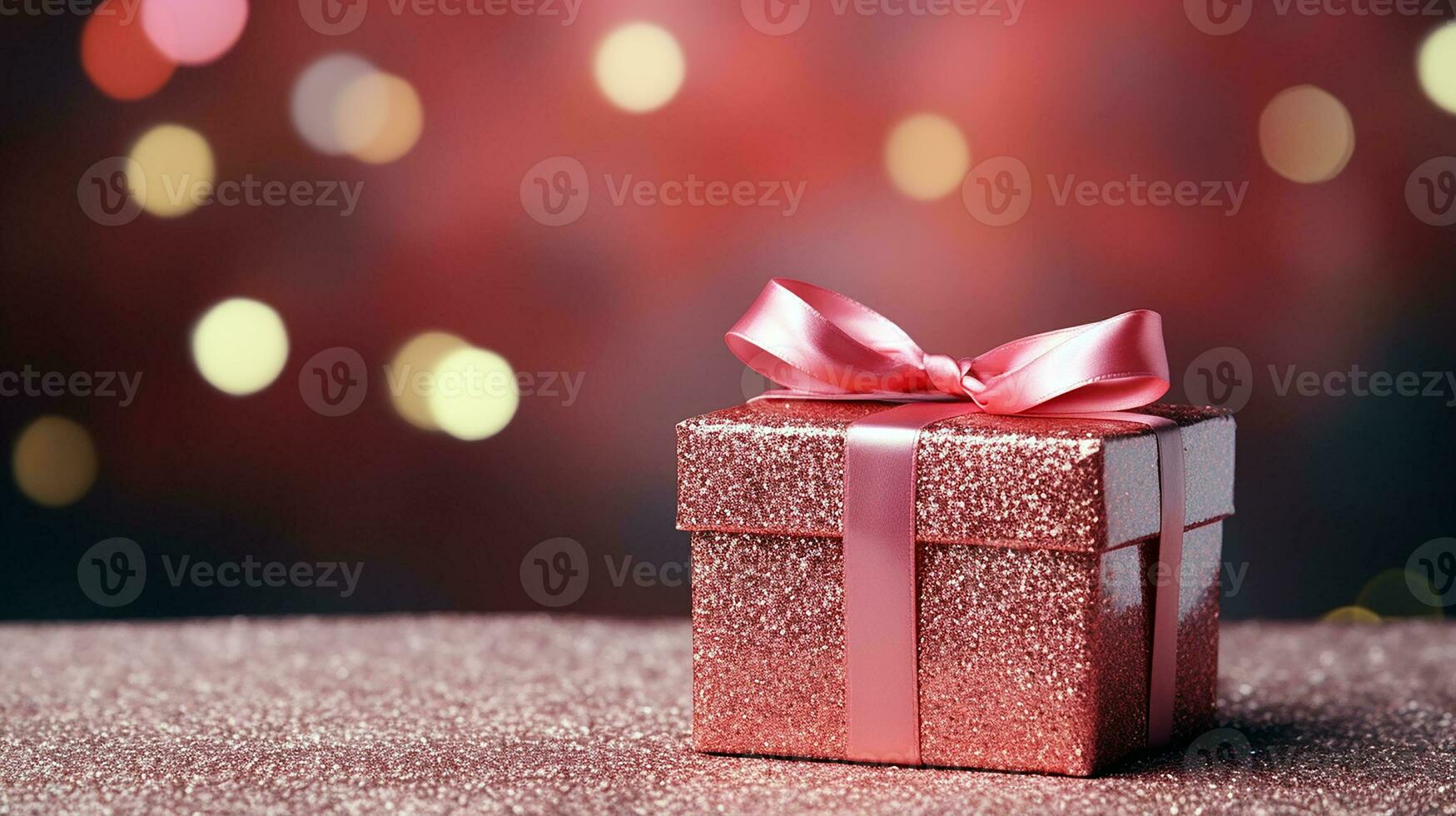 AI generated Gift box with ribbon on the abstract shiny glitter background and defocused bokeh lights. For valentine greeting, romantic wallpaper concept. Generative AI photo