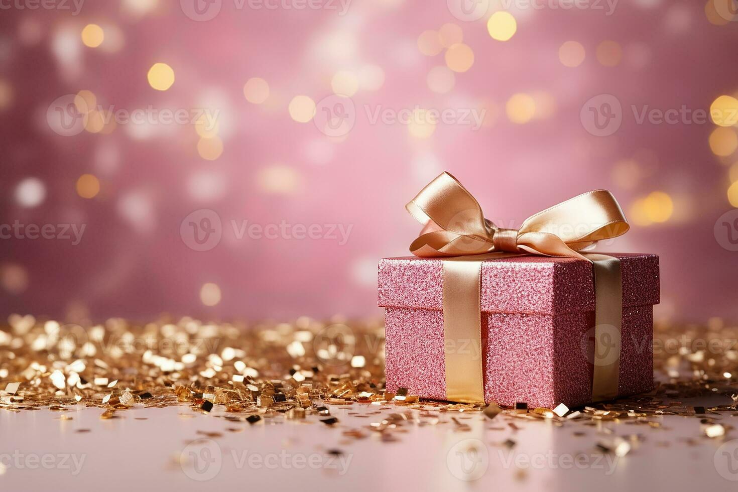 AI generated Gift box with ribbon on the abstract shiny glitter background and defocused bokeh lights. For valentine greeting, romantic wallpaper concept. Generative AI photo