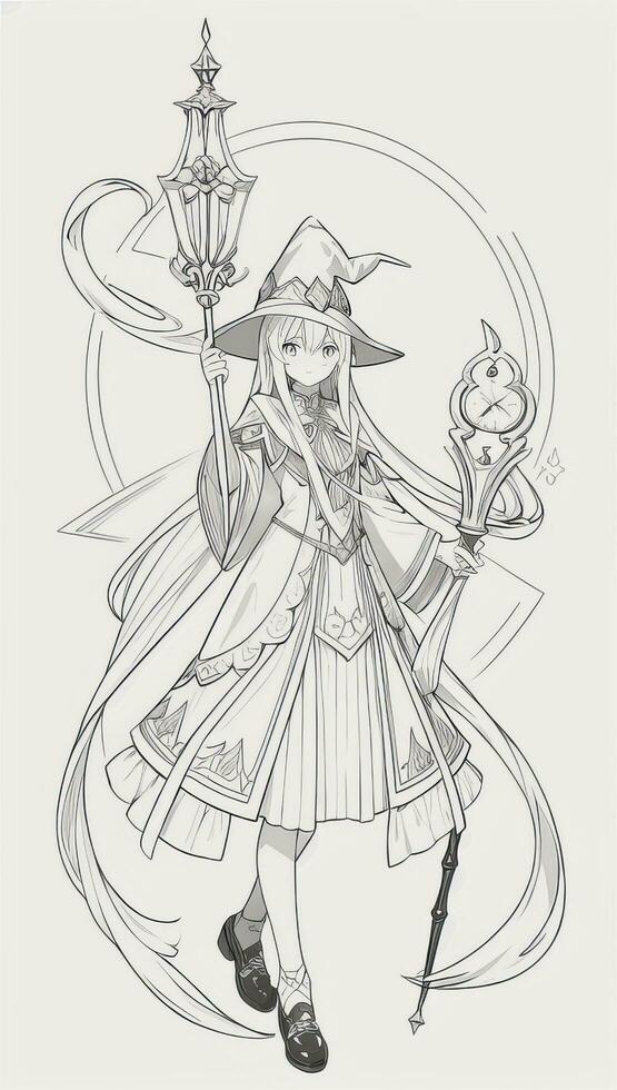 AI generated Anime Wizard Girl Line Art Drawing Sketch Black and White Simple Background photo