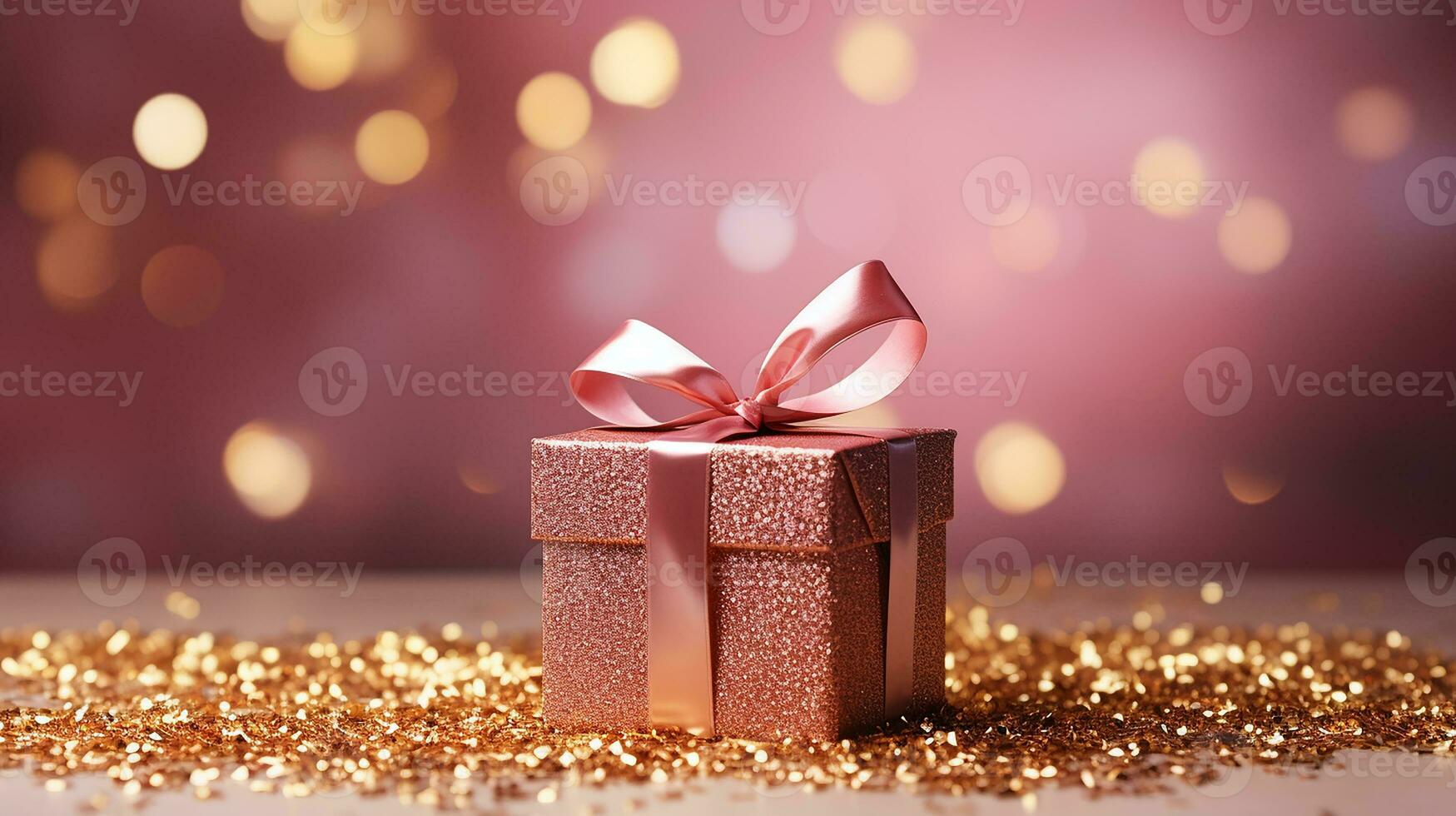 AI generated Gift box with ribbon on the abstract shiny glitter background and defocused bokeh lights. For valentine greeting, romantic wallpaper concept. Generative AI photo