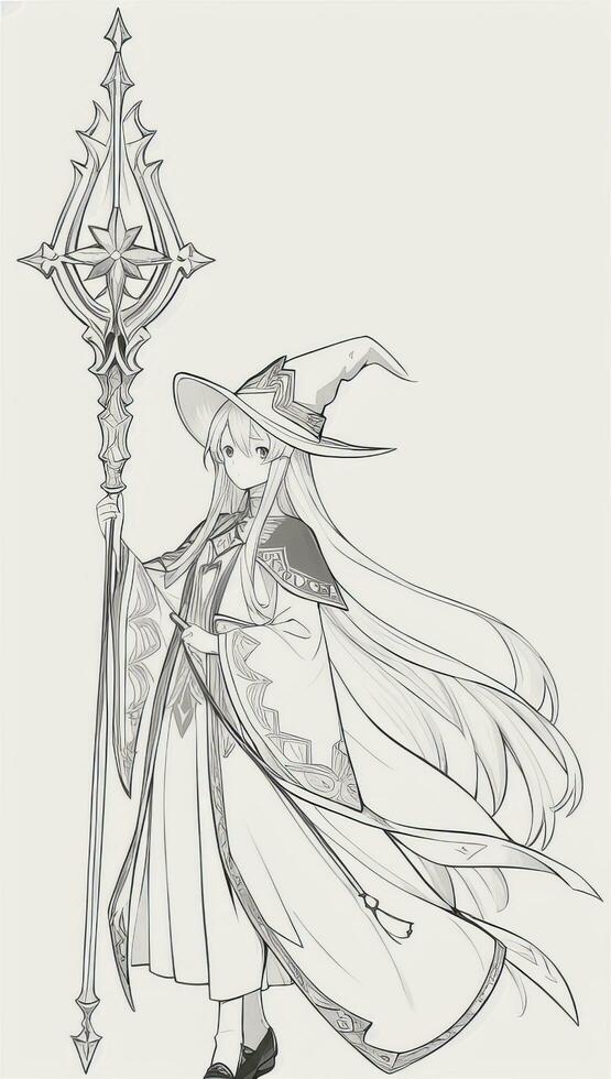 AI generated Anime Wizard Girl Line Art Drawing Sketch Black and White Simple Background photo