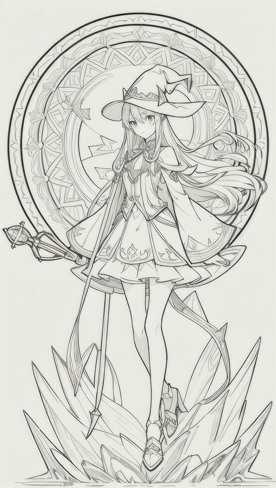 AI generated Anime Wizard Girl Line Art Drawing Sketch Black and White Simple Background photo
