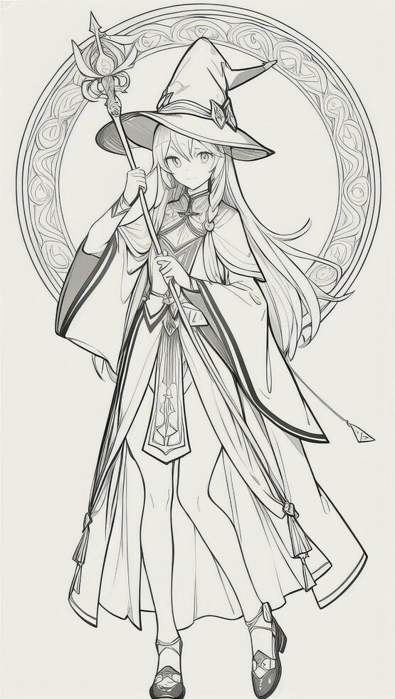 AI generated Anime Wizard Girl Line Art Drawing Sketch Black and White Simple Background photo