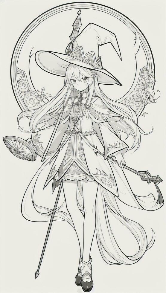 AI generated Anime Wizard Girl Line Art Drawing Sketch Black and White Simple Background photo