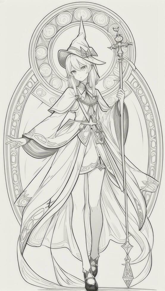 AI generated Anime Wizard Girl Line Art Drawing Sketch Black and White Simple Background photo