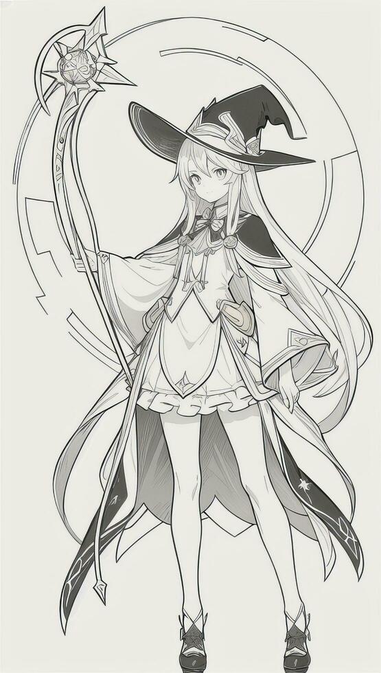 AI generated Anime Wizard Girl Line Art Drawing Sketch Black and White Simple Background photo