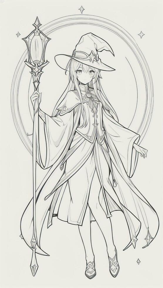 AI generated Anime Wizard Girl Line Art Drawing Sketch Black and White Simple Background photo