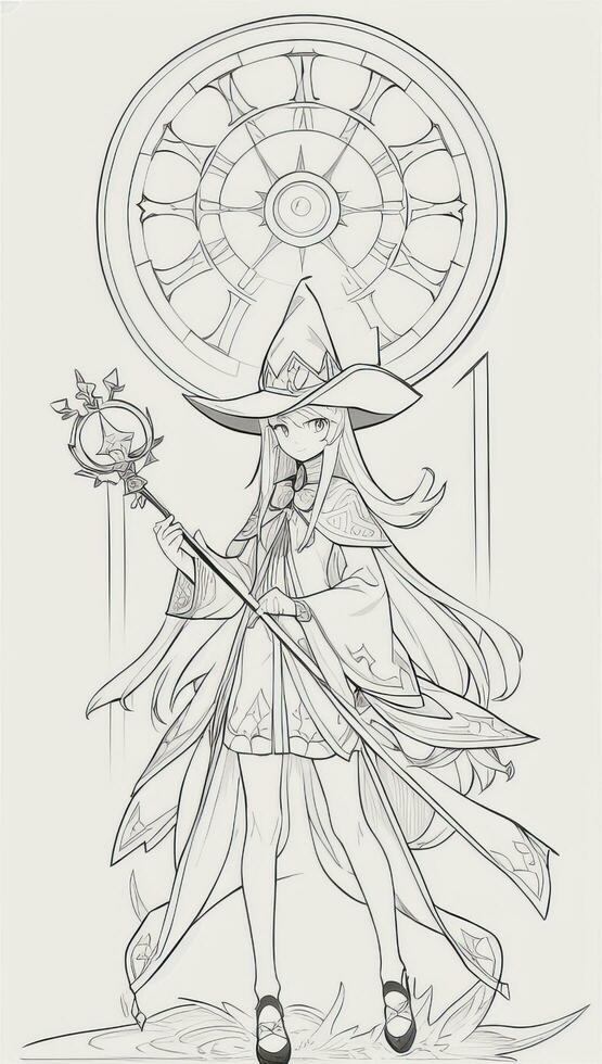 AI generated Anime Wizard Girl Line Art Drawing Sketch Black and White Simple Background photo