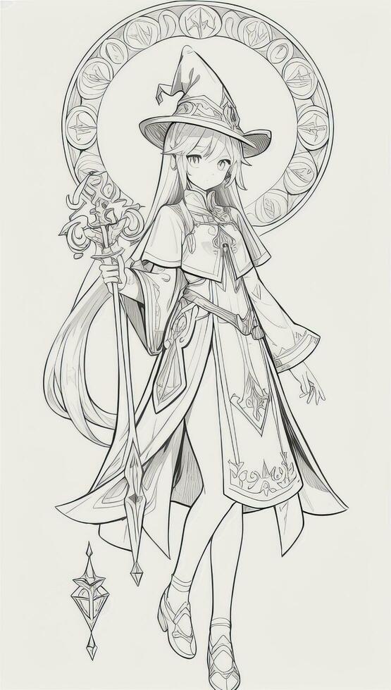 AI generated Anime Wizard Girl Line Art Drawing Sketch Black and White Simple Background photo