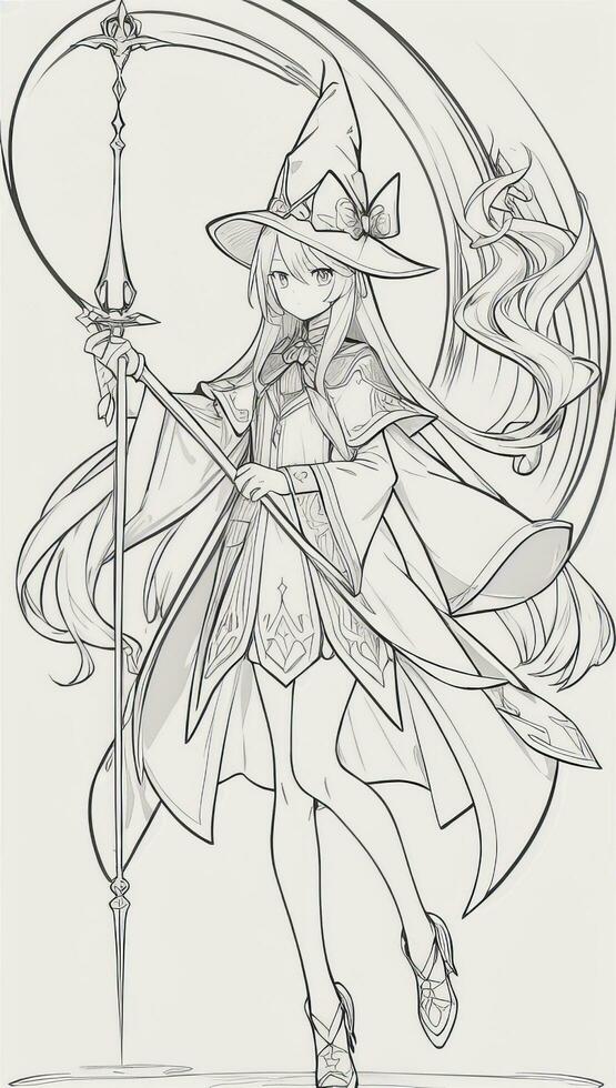 AI generated Anime Wizard Girl Line Art Drawing Sketch Black and White Simple Background photo